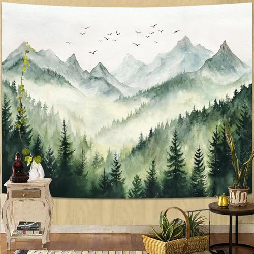 kampdream Landscape Tapestry, Scenery Art Wall Tapestries, Nature Wall Decor for Bedroom Living Room Backdrop Green Watercolor Mountain 44×60 inches - color: Watercolor Mountain, size: 60"L x 44"W