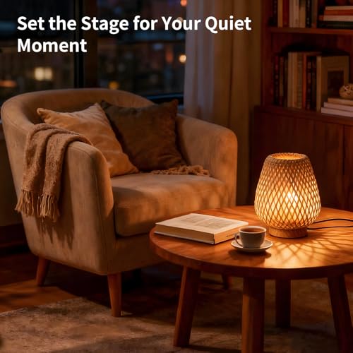 Boho Table Lamp with Double Layer Woven Shade Wood Base, Desk Bedside Small Rattan Lamps, 110V Plug, Dimmable E26 Socket (Bulb Included) for Living Room Night Stands Bedroom