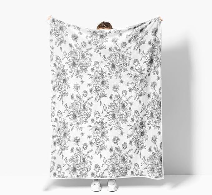 Floral Throw Blanket, Botanical Floral Blanket, Soft, Flannel, Warm, Boho Floral Bed Blanket All Season Flower Throw Blanket for Couch Bedroom Living Room, Gray 50X70 Inch