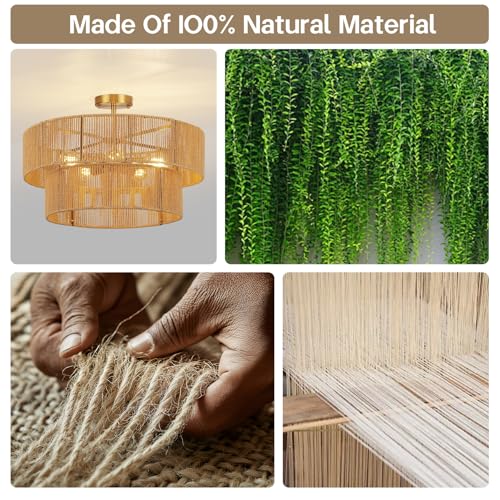 22” Boho 2-Tier Rattan Ceiling Light Fixture, 5-Light Flush Mount Woven Chandelier for Bedroom, Dining Room, Kitchen, Entryway, Living Room, Rustic Gold Lighting - color: Pattern C