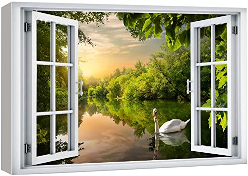 wall26 Canvas Print Wall Art Window View Swan Forest Lake Sunset Sky Zen Paradise Wilderness Nature Photography Realism Scenic Landscape Colorful Multicolor for Living Room, Bedroom, Office - 12x18 - color: A48-2204-irs12, size: 18"L x 12"W
