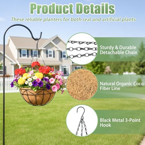 2 Pack 12 Inch Hanging Baskets for Plants Outdoor Metal Hanging Planters Round Hanging Flower Pots with Coco Coir Liner Plant Holder for Outdoor Patio Garden Balcony Decor - Geometric - color: Geometric