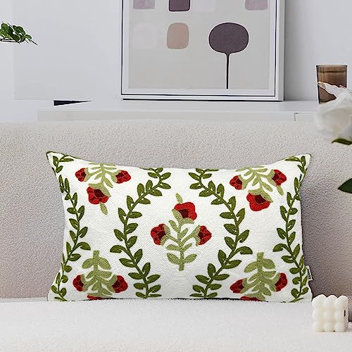 Alysheer Floral Embroidered Summer Lumbar Decorative Throw Pillow Cover 12"x 20", Farmhouse Cottage Red Flowers Green Leaves Patterned Cotton Canvas Cushion Case for Sofa Couch Bed Living Room Decor - color: Red, size: 20" x 12" (Pack of 1)