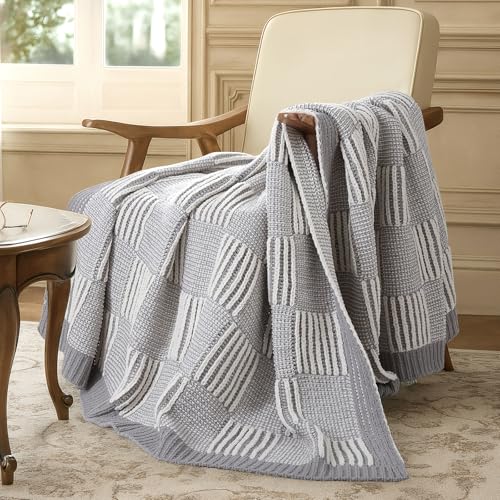 Amélie Home Knit Throw Blanket, Soft Chenille Cozy Breathable Dual Tone Checkered Chunky Decorative Blanket for Couch, Bed & Sofa, French-Inspired Lightweight Warm Gift for Women, Gray, 50"x60" - color: Checkered Gray&ivory, size: Dual Tone Checkered Knit