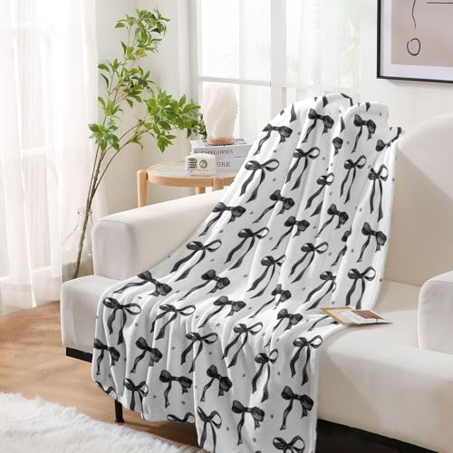 Black Bow Blankets for Women Girls Cute Bow Halloween Throw Blanket Coquette Aesthetic Room Decor Large Trendy Preppy Blanket Couch Sofa Soft Warm Bed Blankets for Women Girls Gifts 70"x80" - color: Black and White Bow Blankets, size: 70"W X80"L(178X203CM