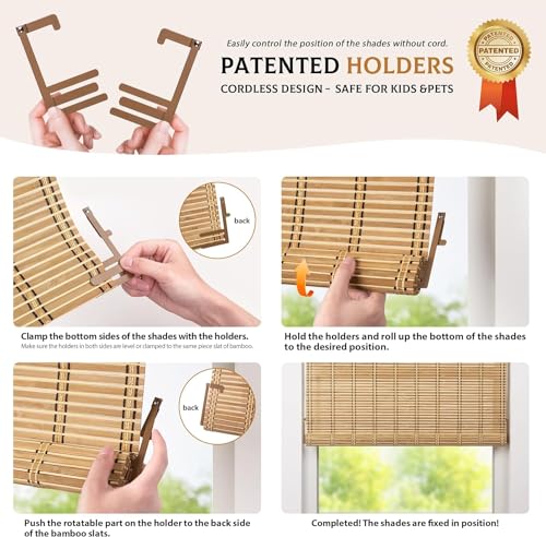 LazBlinds Cordless Bamboo Blinds, Light Filtering Hanging Window Shades, Whitewash Bamboo Roll Up Shades for Indoor/Outdoor Windows - color: Whitewash B, size: Custom Size