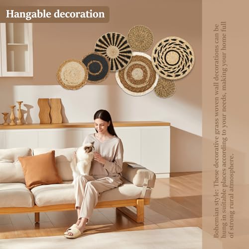 7 Pieces Bohemian Round Wall Baskets Wicker Rattan Wicker Wall Decor for Bedroom, Living Room (Style B)