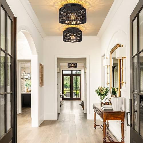 SineRise Rattan Ceiling Light Fixtures (12-Inch, LED Bulb Included), Hand-Woven Boho Flush Mount Ceiling Light, Rattan Chandelier for Hallway Kitchen Farmhouse Foyer Entryway Living Room(Black) - color: Black, size: Small