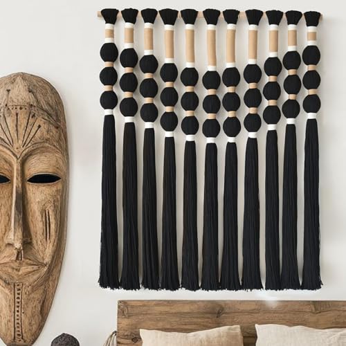 Macrame Wall Hanging Boho Wall Decor Black Fiber Yarn Wall Art Handmade Cotton Spherical Knot for Living Room Bedroom Nursery Office Home Decor27" W x 33" L - color: Black