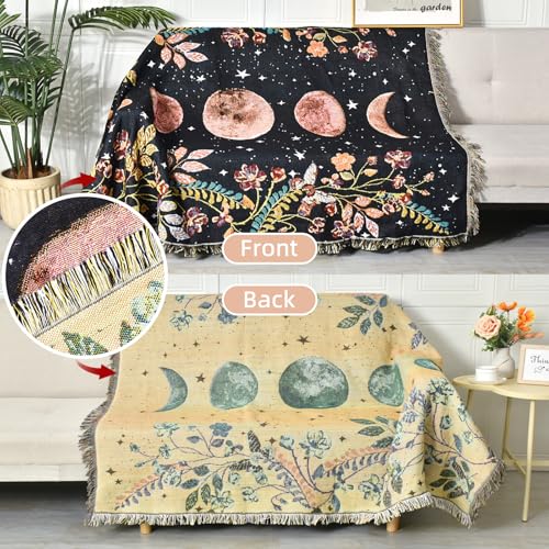 Boho Throw Blanket Reversible Cotton Bohemian Tapestry Hippie Room Decor Double Sided (Lunar Eclipse Black 50"x60") - color: Lunar Eclipse Black, size: 50*60 inch