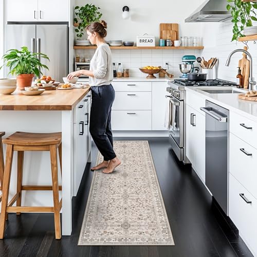 2x6 Washable Kitchen Runner Rug – Boho Vintage Non-Slip Carpet Runner for Hallway, Entryway, Bedroom & Bathroom – Soft Low-Pile Thin Area Rug with Rubber Backing (Beige,2x6) - color: Beige, size: 2' x 6' (Rectangular)