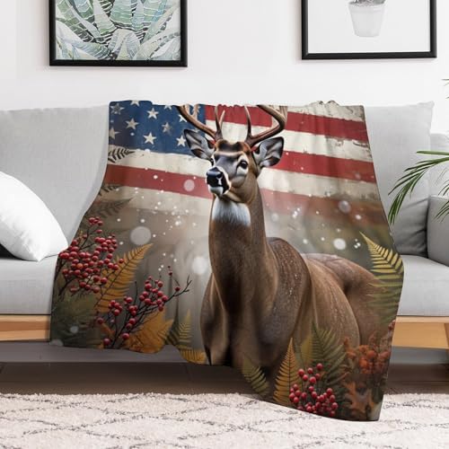 American Flag Hunting Deer Antler Fern Berry Super Soft Throw Blanket, Colorful Flag Brown Flannel Fleece Decorative Throw for Sofa Couch Bedroom Decor Outdoor Use 50"x60" - color: American Flag Hunting Deer Antler Fern Berry, size: 50"x60"