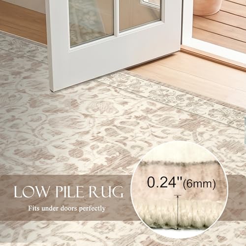 8x10 Area Rugs for Living Room, Washable Area Rug Beige Floral Printed, Non Slip Low Pile Neutral Rug, Vintage Boho Throw Rug, Stain Resistant Carpet for Bedroom Playroom Dining Room Office - color: Beige Floral, size: 8' x 10' (Rectangular)