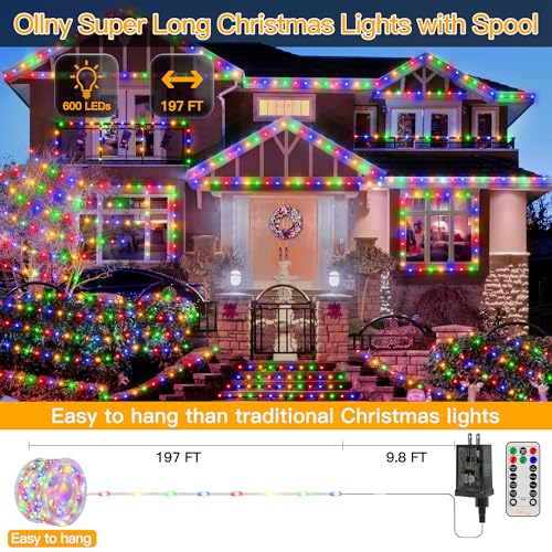 Ollny Christmas Lights Outdoor 600LED 197FT, Multicolor Christmas Tree Lights IP67 Waterproof, Plug in Fairy Lights with Remote 8 Modes Timer, Xmas Light for Indoor House Holiday Decor (Pack of 2) - color: Multicolord, size: 600 LEDs (Pack of 2)