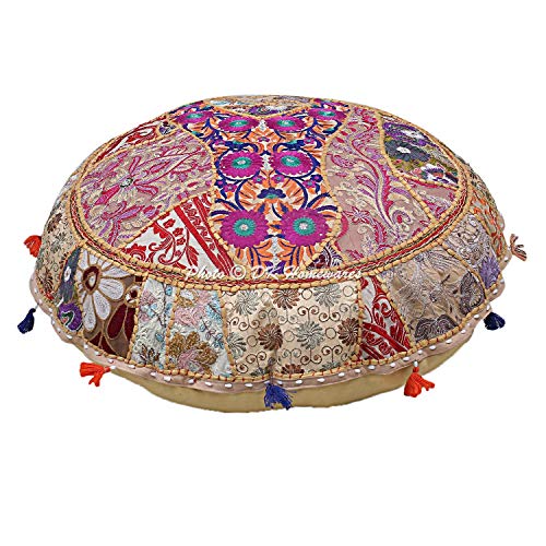 Indian Bohemian Floor Cushion Adult Beige 32 Inch Patchwork Living Room Pouffe Footstool Home Decor Embroidered Vintage Cotton Round Floor Pillow Boho 32x32