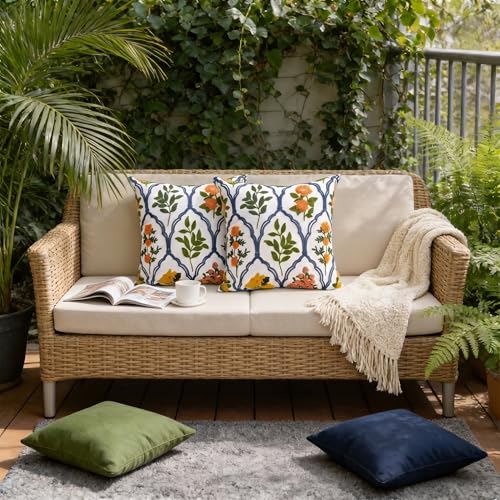 Alysheer Spring Summer Floral Embroidered Decorative Throw Pillow Cover 18"x 18" Set of 2, Orange Flowers Embroidery Patterned Multicolor Cushion Case for Sofa Couch Living Room Bedroom Outdoor - color: - Orange Mustard, size: 18" x 18" (Pack of 2)