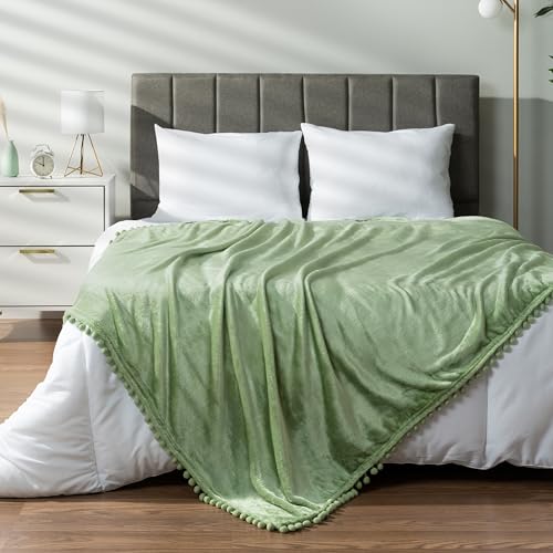 PAVILIA Fleece Throw Blanket for Couch with Pom Pom Fringe, Sage Light Green, Soft Cozy Fuzzy Flannel Blanket for Sofa Bed, Large Lightweight Plush All Season Throw, 60x80 Inches - color: Sage Green, size: 60"x80"