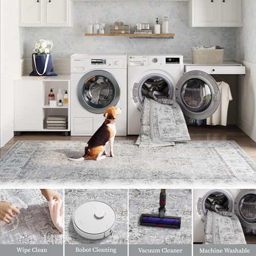 jinchan Fiora Runner Rug 2x5, Distressed Vintage Floral Washable Rug with Low-Pile Surface and Non-Slip Backing, for Entryway Kitchen Laundry Room Indoor Walkways and High-Traffic Areas, Grey - color: Distressed Grey, size: 2' x 5' (Light Weight)