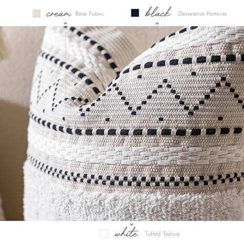 BlissBlush 18X18 Throw Pillow Cover, Cream Neutral Square Decorative Cushion Cover with Black Pattern, Boho Accent Pillowcase with Tufted Details and Tassels for Couch Sofa Living Room (Cover Only) - color: Black, size: 18" x 18" (Pack of 1)