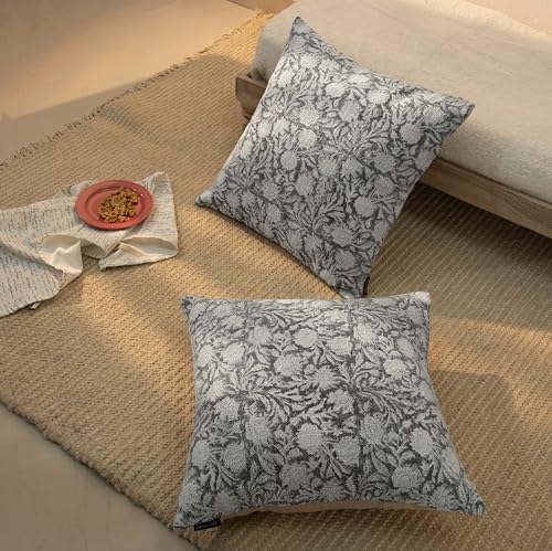 Handblock Printed Vintage Indian Cotton Decorative Throw Pillow Covers, Set of 2 (Iron Grey, 18" x 18" (Pack of 2)) - color: Iron Grey, size: 18" x 18" (Pack of 2)