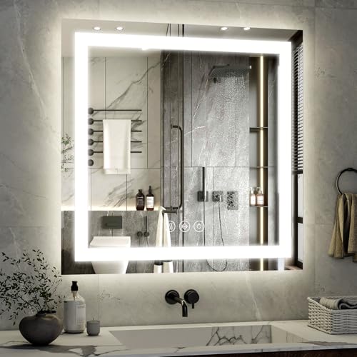 XRAMFY 36"x 36"LED Bathroom Mirror, Backlit + Front Lit, LED Bathroom Mirror with Lights for Wall, 3 Colors, Anti-Fog, Dimmable Brightness, Tempered Glass - size: 36"L x 36"W