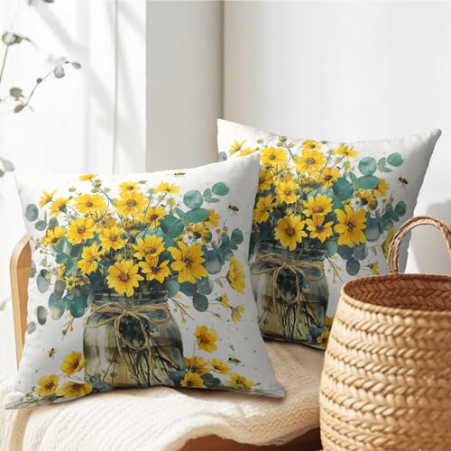 Summer Yellow Floral Pillow Covers 16x16 Inches Eucalyptus Flowers Decor Vase Bee Farmhouse Throw Pillow Case Set of 2 Pillow Cover Cotton Linen Cushion Cover for Home Couch Sofa Bedroom Livingroom - color: Eucalyptus Flowers240413, size: 16" x 16" (Pack