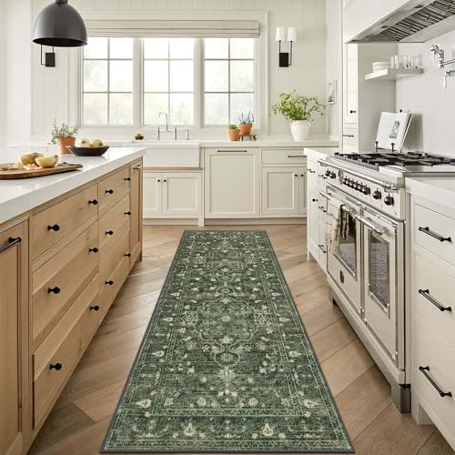 U'Artlines 2' x 6' Boho Hallway Runner Rug Vintage Farmhouse Non Slip Soft Washable Accent Runner Carpet for Kitchen, Entryway, Laundry, Living Room(Dark Green) - color: Dark Green, size: 2' x 6' (Runner)