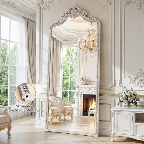 Wall Mount Arched Full Length Mirror,71"x32" Traditional Ornate Vintage Floor Standing Frame for Bedroom Body Hanging Leaning,Baroque Antique Vintage Long Mirrors for Wall,Decor, Living Room, Bedroom - color: Exquisite Silver