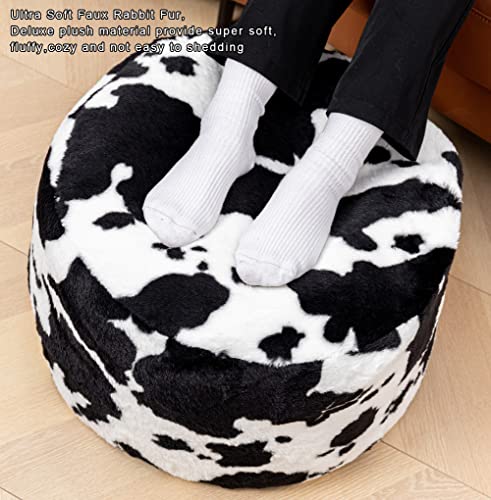 Asuprui Pouf Ottoman Unstuffed, Faux Rabbit Fur Cover, No Filler, 18" Round, Black and White - color: Black Cow Printed