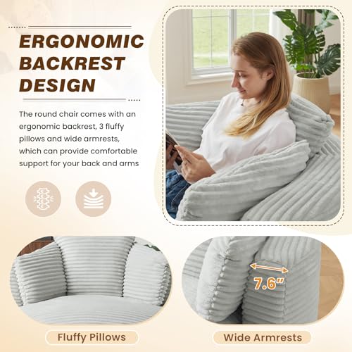 48"W Oversized Round Chaise Longue Chair Indoor,Corduroy Fluffy Comfy Cloud Chair,Circle Bean Bag Sofa with Foam Filling & Pillows,Boneless Reading Cozy Sofa Chairs for Living Room,Bedroom,Light Grey - color: Light Grey