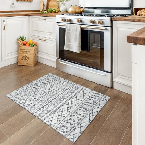 KUTA Washable Non-Slip Rugs for Entryway 2x3, Grey Moroccan Boho Small Area Rug, Ultra Soft Vintage Geometric Low-Pile Indoor Door Mat Floor Carpet for Indoor, Entrance, Kitchen, Bathroom, Bedroom - color: Grey, size: 2' x 3' (Rectangular)