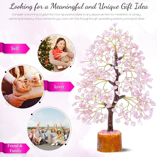 Crocon® Rose Quartz Crystal Tree of Life - Love & Self-Care Healing Crystals for Positive Energy, Feng Shui Money Tree, Pink Home Room Decor, Birthday Gifts for Women, Mom, Sister, Girlfriend & Her - color: 001 Rose Quartz (Golden Wire)