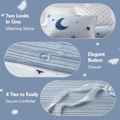 Intelligent Design Kids Cosmos Twin Size Duvet Set – Blue Star and Moon Tufted Chenille, Reversible 2-Piece Bedding with Star Pillow - color: Blue, size: Twin