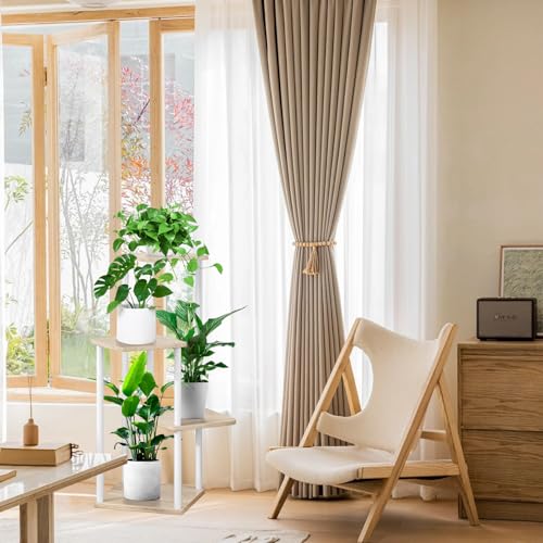 4 Tier Plant Stand Indoor, Thickened Metal Wood Corner Plant Shelf Stands for Multiple Plants, Indoor Tall Plants Stand Tiered Flower Holder for Living Room Patio Garden Balcony(White+Oak) - color: White+Oak, size: 4 Tier