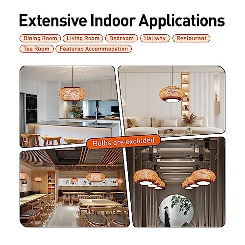 16" Bamboo Wicker Lampshade Rattan Pendant Light, Drum Shape Pendant Light Hanging Fixture Light, Hanging Light Chandelier for Farmhouse Hallway Entryway Porch