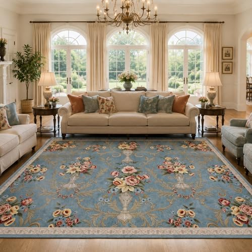 Helthep Floral Soft & Non-Slip Area Rug – Ultra-Thin Faux Cashmere, Pet-Friendly, Easy to Clean, Durable TPR Backing – Elegant Flower Pattern for Bedroom & Living Room (Blue, 8×10 ft) - color: Blue, size: 8' x 10' (Rectangular)