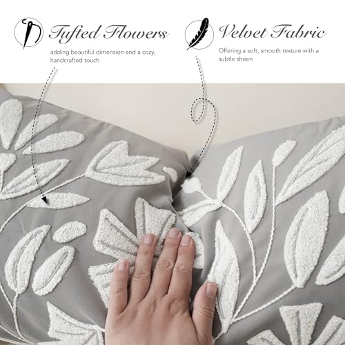 BlissBlush Lumbar Pillow Cover 12x20 Inch, Light Gray Floral Tufted Velvet Decorative Accent Pillow Case for Sofa Bed Living Room, Cover Only - color: Light Gray, size: 20" x 12" (Pack of 1)