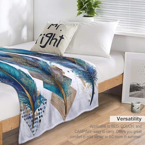 Blanket Bohemian Feather Leaf Throw Blanket for Women Men, 30"x40" Vintage Gold Geometry Plush Flannel Throws, Decor for Bed Couch Bedroom - color: Bohemian Feather Leaf, size: 30"x40"