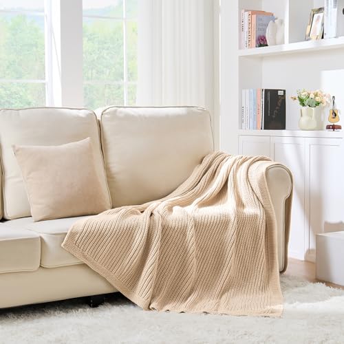 Chunky Knit Beige Throw Blanket for Couch Soft Cozy Thick Cable Knitted Throw for Sofa Bed Cute Decorative Blanket for Living Room,50"x 60",Ginger Beige - color: Ginger Beige, size: 50"x 60"
