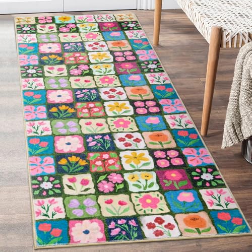 Vintage Floral 2x5 Runner Rugs Non Slip, Thin Country Colorful Flowers Botanical Indoor Entryway Rug Washable, Cute Boho Aesthetic Runner Carpet for Kitchen Bedroom Laundry Bathroom - color: Multicolored, size: 2'x5'