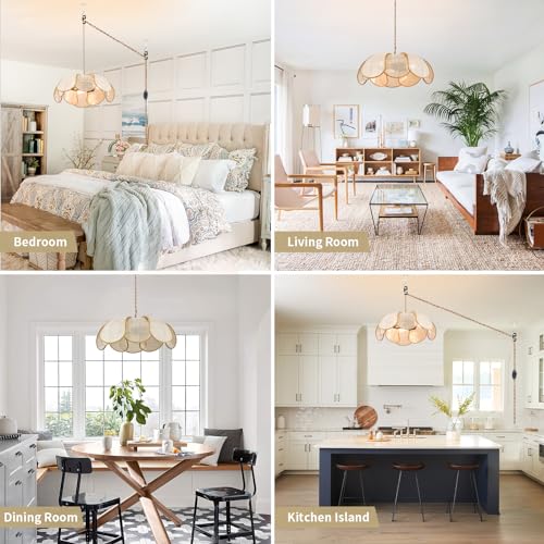 3-Light Hanging Lights with Plug in Cord, 14.3FT Stepless Brightness Flower Shaped Hanging Lamp with On/Off/Dimmable Switch, Boho Handwoven Chandelier Rattan Pendant Light for Bedroom Nursery (Cream）