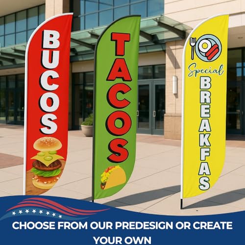 Custom Feather Flag by DreamController, Personalized Swooper Flag with Photo, Text or Logo, 11.5x2.5 FT Single-Sided HD Print, Optional Add-On 15 FT Pole Kit & Ground Spike, Made in USA, Fast Delivery - color: Feather Flag +/– Ground Spike Kit Custom