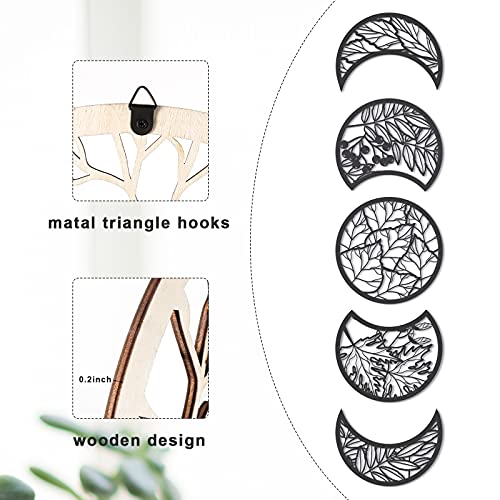 Jetec 5 Pcs Moon Phase Wall Art Decor Wall Pediments Hanging Wooden Phase Spiritual Bedroom Nordic Boho Lunar Aesthetic Art for Living Room Dorm Apartment Ornament(Black,10.6 Inch,Botanical) - color: Black, size: 10.6 Inch