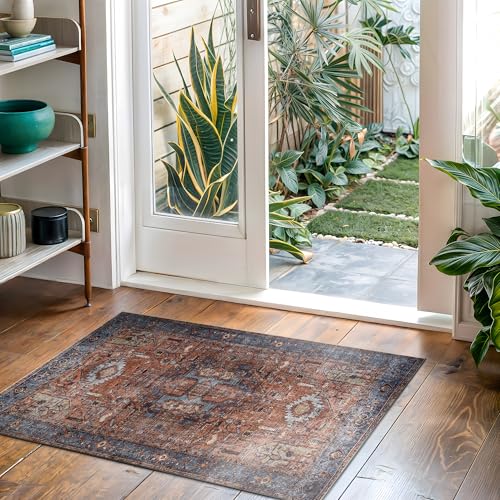 Bloom Rugs Washable Non-Slip 2' x 3' Rug - Terracotta/Blue Traditional Oriental Area Rug for Living Room, Bedroom, Dining Room, and Kitchen - Exact Size: 2' x 3' - color: Terracotta / Blue, size: 2' x 3' (Rectangular)