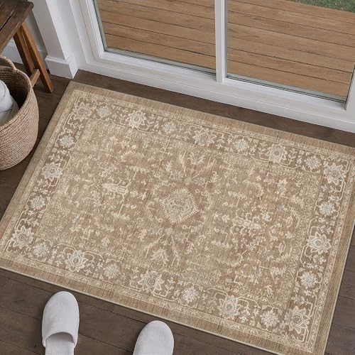 PureCozy 2x3 Brown Entryway Rug Vintage Area Carpet Indoor Kitchen Washable Door Mat Entrance Small Low Pile Traditional Distressed Retro Accent Throw Boho Rug Non Slip Office Bathroom - color: Vintage 2丨brown, size: 2' x 3' (Rectangular)