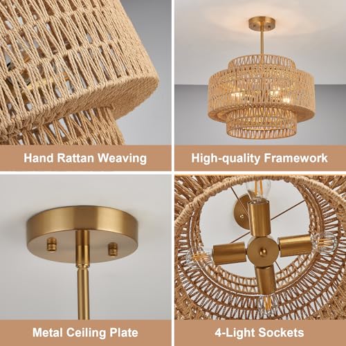 18 Inch Boho Chandeliers for Dining Room 4-Lights Black Farmhouse Light Fixtures Large Pendant Light Hand Woven Dining Table Light Fixture Rattan Hanging Lamp for Kitchen Island - size: 18 Inch