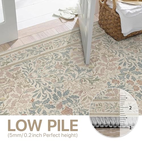 Bavni 2x6 Runner Rug Non Slip, Kitchen Rugs Non Slip Washable, Thin Bathroom Runner for Hallway Laundry Room Entryway, Ultra Soft Botanical Carpet, Modern Boho Floral Indoor Floor Decor, Beige Pink - color: Beige Pink, size: 2' x 6' (Rectangular)