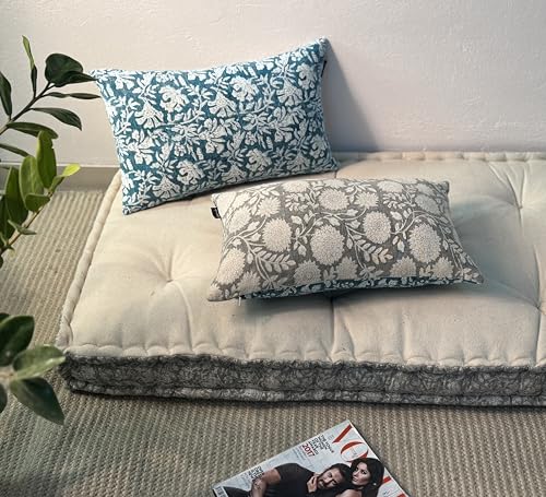 Handblock Printed Vintage Indian Cotton Decorative Throw Pillow Covers, Set of 2 (Vintage Turquoise Grey, 12" x 20" (Pack of 2)) - color: Vintage Turquoise Grey, size: 20" x 12" (Pack of 2)