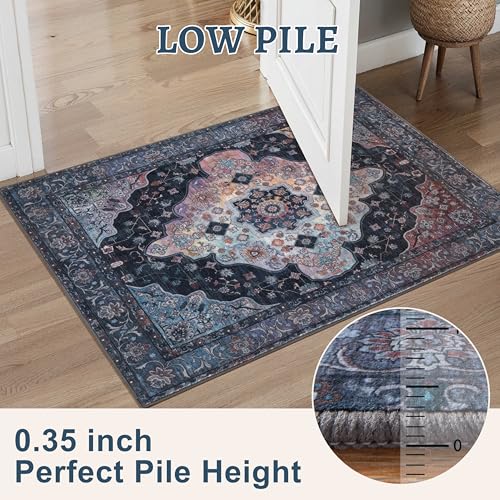 2x3 Entryway Rug, Vintage Rug with Non Slip Backing, Washable Rugs Low Pile Indoor Small Area Rug for Front Door Entrance Kitchen Bedroom Bathroom, Blue/Multi Retro Doormat Carpet - color: Navy/Multi, size: 2' X 3' (Rectangular)