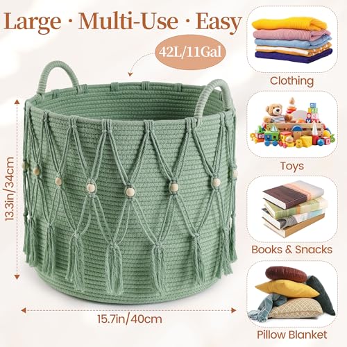 Blanket Basket for Living Room Decor Storage Basket for Toy Organizer Boho Decor Baskets for Modern Farmhouse Decor Small Laundry Basket for Bedroom and Laundry Room Organization,Green - color: Green